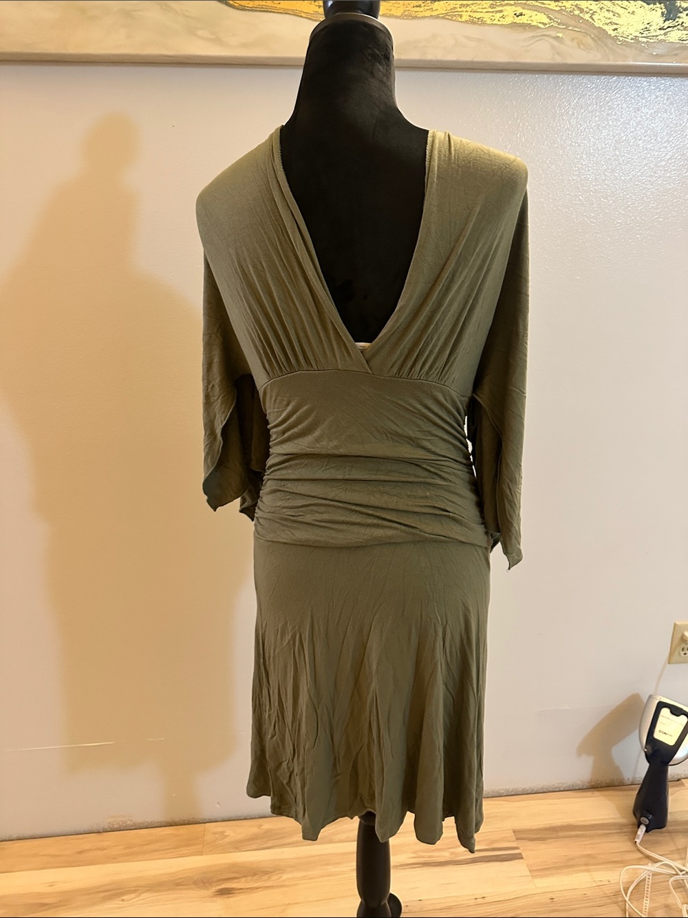 Boston Proper Olive Green V‑Neck Midi Wrap Dress - Picture 2 of 3